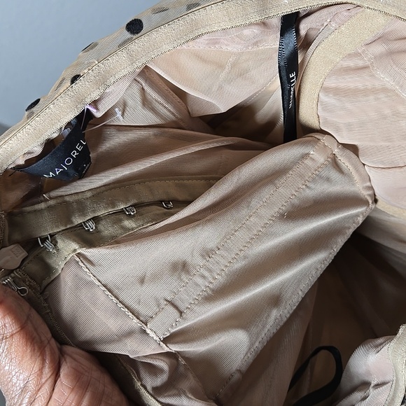 MAJORELLE Tan And Black Polka Dots Ruched Bodycon Mini Off The Shoulder Dress S - Picture 8 of 10